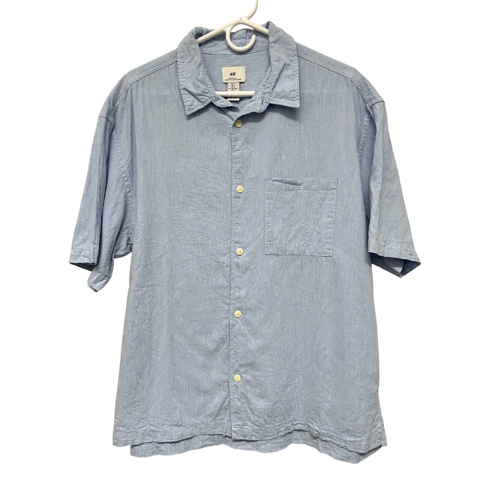 H&M Men's Linen Cotton Blend Casual Button Up, Blue Size Large